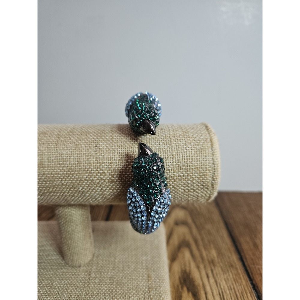 Vintage JB Signed Pave Rhinestone Bird Figural Cuff Bracelet Blue Green Crystals